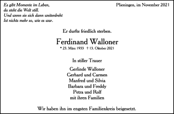 Traueranzeige von Ferdinand Walloner von Stuttgarter Zeitung / Stuttgarter Nachrichten