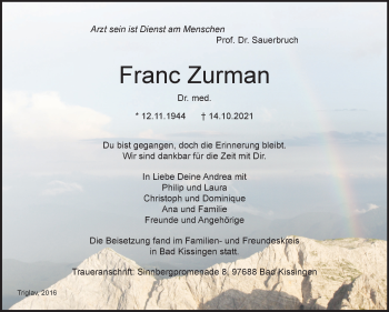 Traueranzeige von Franc Zurman von Stuttgarter Zeitung / Stuttgarter Nachrichten