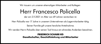 Traueranzeige von Francesco Policella von Stuttgarter Zeitung / Stuttgarter Nachrichten