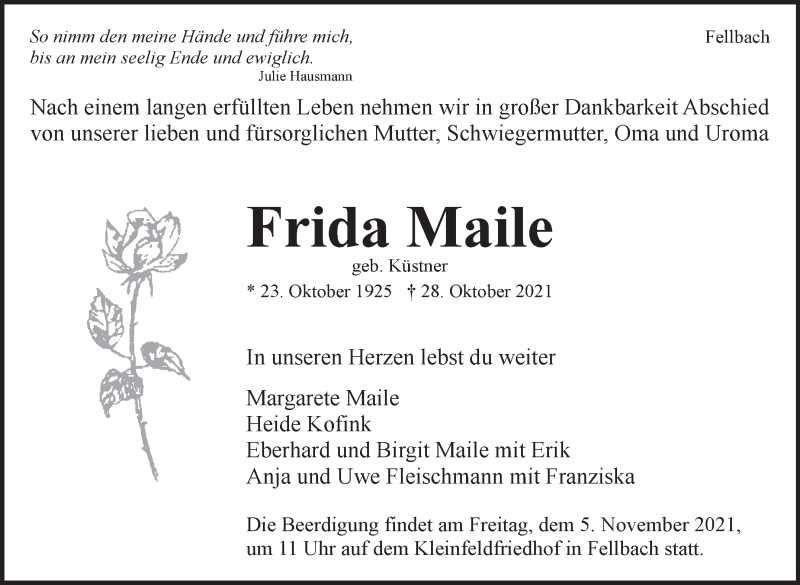  Traueranzeige für Frida Maile vom 02.11.2021 aus Stuttgarter Zeitung / Stuttgarter Nachrichten