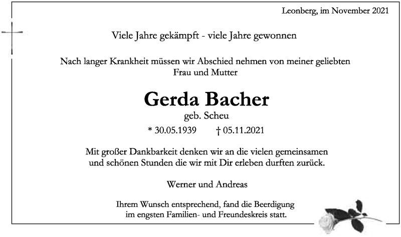  Traueranzeige für Gerda Bacher vom 20.11.2021 aus Stuttgarter Zeitung / Stuttgarter Nachrichten