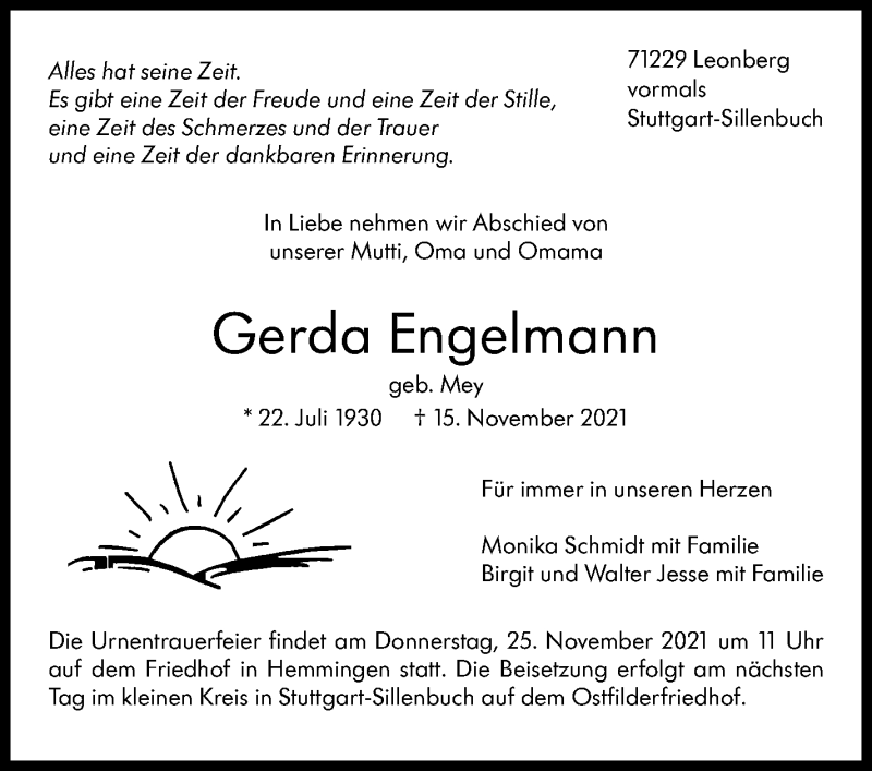  Traueranzeige für Gerda Engelmann vom 20.11.2021 aus Stuttgarter Zeitung / Stuttgarter Nachrichten