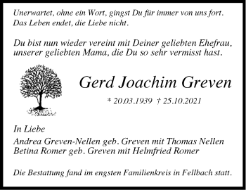 Traueranzeige von Gerd Joachim Greven von Stuttgarter Zeitung / Stuttgarter Nachrichten