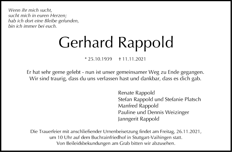 Traueranzeige für Gerhard Rappold vom 20.11.2021 aus Stuttgarter Zeitung / Stuttgarter Nachrichten