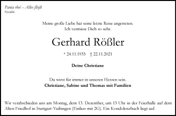 Traueranzeige von Gerhard Rößler von Stuttgarter Zeitung / Stuttgarter Nachrichten