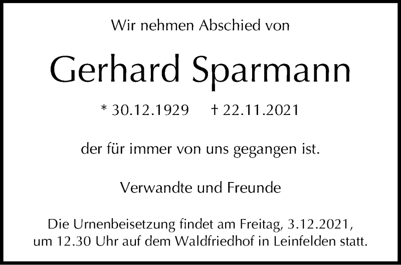  Traueranzeige für Gerhard Sparmann vom 27.11.2021 aus Stuttgarter Zeitung / Stuttgarter Nachrichten