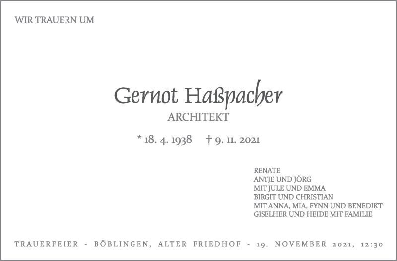 Traueranzeige für Gernot Haßpacher vom 13.11.2021 aus Stuttgarter Zeitung / Stuttgarter Nachrichten
