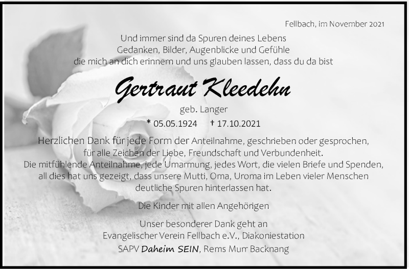  Traueranzeige für Gertraut Kleedehn vom 06.11.2021 aus Stuttgarter Zeitung / Stuttgarter Nachrichten
