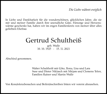 Traueranzeige von Gertrud Schultheiß von Stuttgarter Zeitung / Stuttgarter Nachrichten