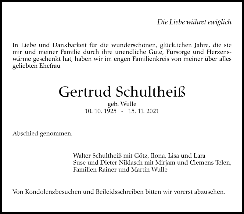  Traueranzeige für Gertrud Schultheiß vom 26.11.2021 aus Stuttgarter Zeitung / Stuttgarter Nachrichten