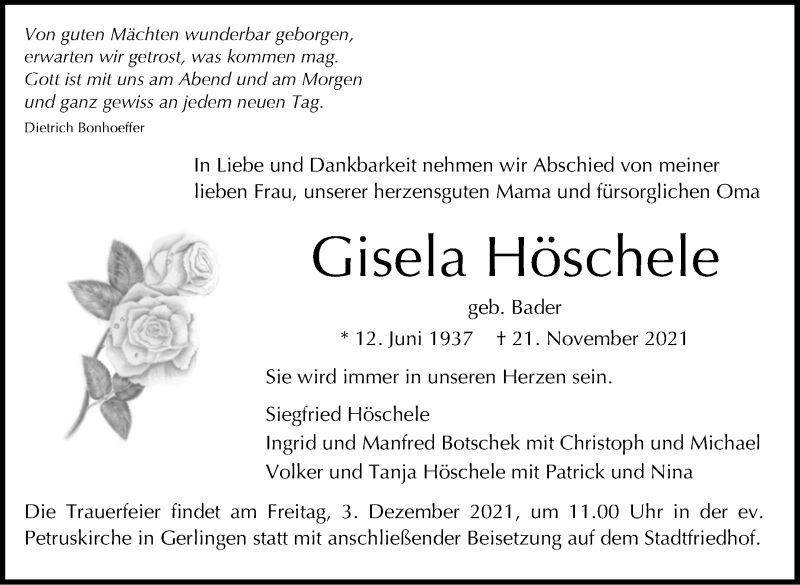  Traueranzeige für Gisela Höschele vom 26.11.2021 aus Stuttgarter Zeitung / Stuttgarter Nachrichten
