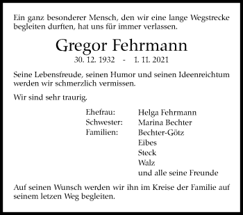 Traueranzeige von Gregor Fehrmann von Stuttgarter Zeitung / Stuttgarter Nachrichten
