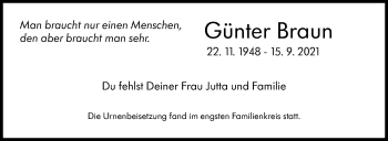 Traueranzeige von Günter Braun von Stuttgarter Zeitung / Stuttgarter Nachrichten