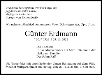 Traueranzeige von Günter Erdmann von Stuttgarter Zeitung / Stuttgarter Nachrichten