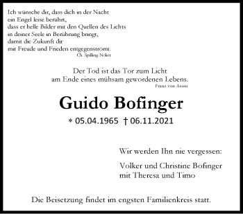 Traueranzeige von Guido Bofinger von Stuttgarter Zeitung / Stuttgarter Nachrichten