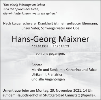 Traueranzeige von Hans-Georg Maixner von Stuttgarter Zeitung / Stuttgarter Nachrichten