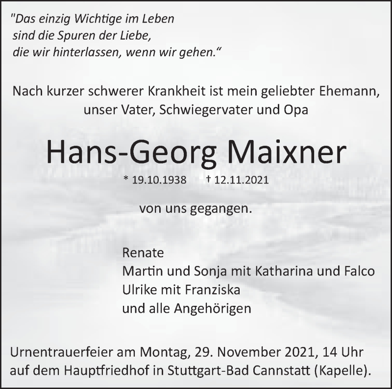  Traueranzeige für Hans-Georg Maixner vom 19.11.2021 aus Stuttgarter Zeitung / Stuttgarter Nachrichten
