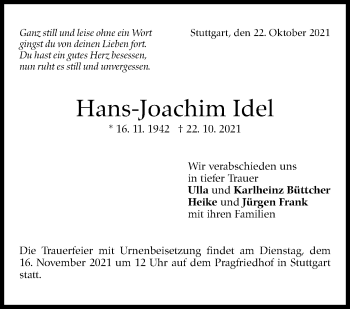 Traueranzeige von Hans-Joachim Idel von Stuttgarter Zeitung / Stuttgarter Nachrichten