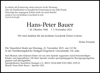 Traueranzeige von Hans-Peter Bauer von Stuttgarter Zeitung / Stuttgarter Nachrichten