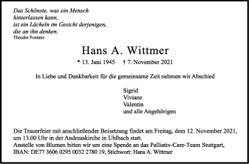 Traueranzeige von Hans Wittmer von Stuttgarter Zeitung / Stuttgarter Nachrichten