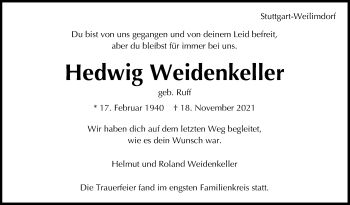 Traueranzeige von Hedwig Weidenkeller von Stuttgarter Zeitung / Stuttgarter Nachrichten