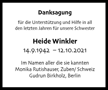 Traueranzeige von Heide Winkler von Stuttgarter Zeitung / Stuttgarter Nachrichten