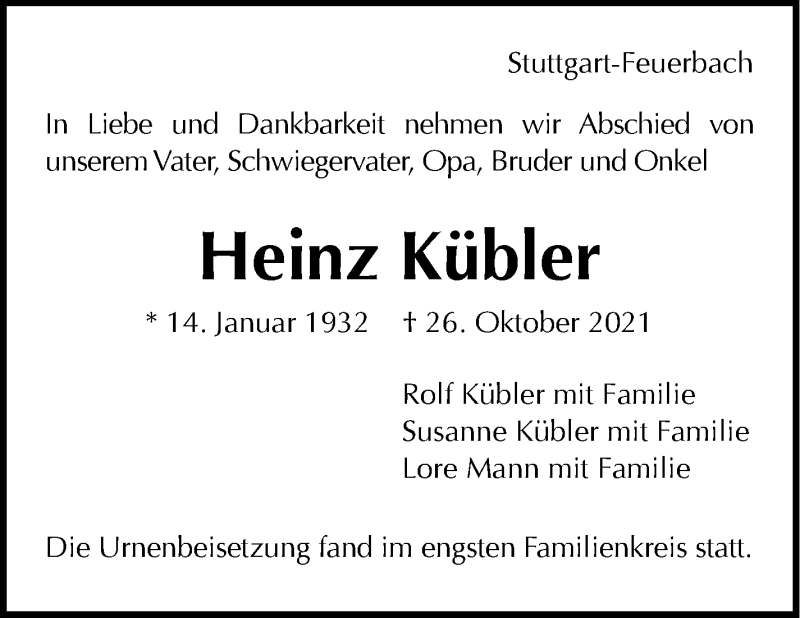  Traueranzeige für Heinz Kübler vom 13.11.2021 aus Stuttgarter Zeitung / Stuttgarter Nachrichten