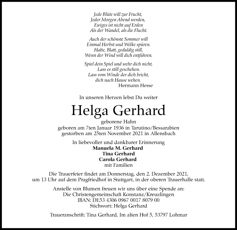  Traueranzeige für Helga Gerhard vom 30.11.2021 aus Stuttgarter Zeitung / Stuttgarter Nachrichten