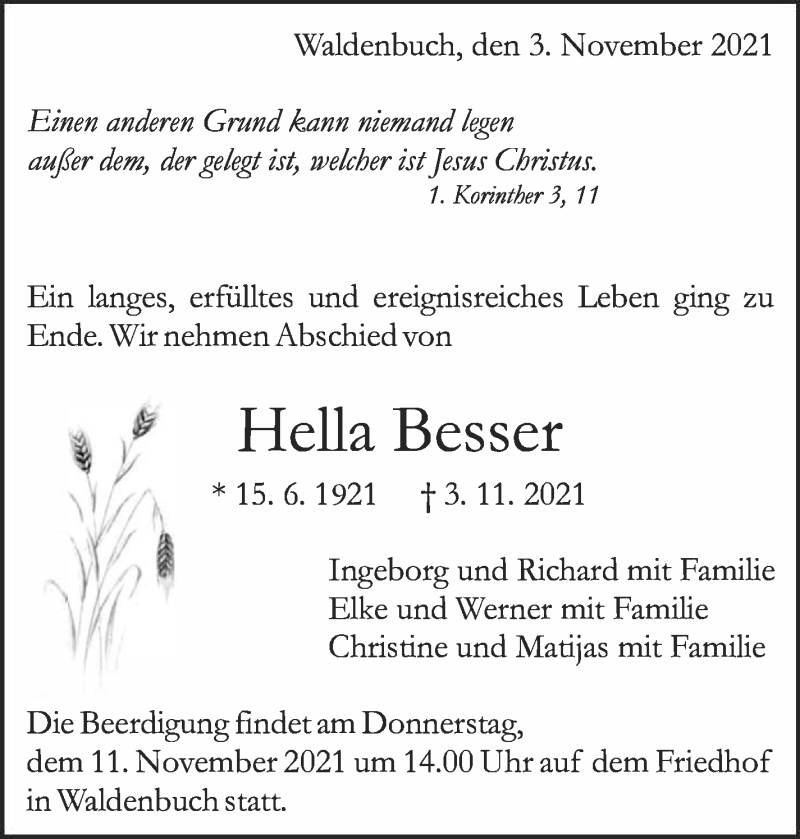  Traueranzeige für Hella Besser vom 09.11.2021 aus Stuttgarter Zeitung / Stuttgarter Nachrichten