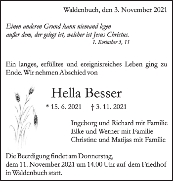 Traueranzeige von Hella Besser von Stuttgarter Zeitung / Stuttgarter Nachrichten