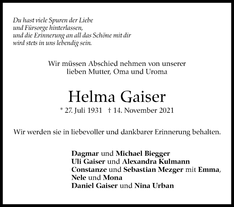  Traueranzeige für Helma Gaiser vom 20.11.2021 aus Stuttgarter Zeitung / Stuttgarter Nachrichten
