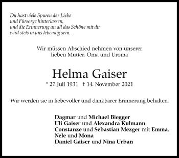 Traueranzeige von Helma Gaiser von Stuttgarter Zeitung / Stuttgarter Nachrichten