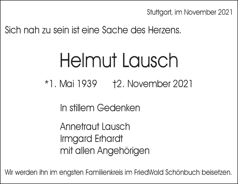  Traueranzeige für Helmut Lausch vom 13.11.2021 aus Stuttgarter Zeitung / Stuttgarter Nachrichten