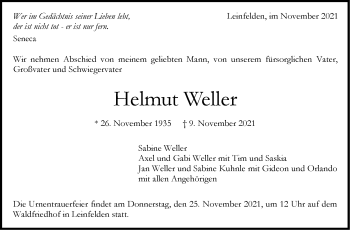 Traueranzeige von Helmut Weller von Stuttgarter Zeitung / Stuttgarter Nachrichten