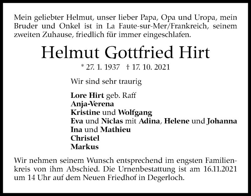  Traueranzeige für Helmut Gottfried Hirt vom 06.11.2021 aus Stuttgarter Zeitung / Stuttgarter Nachrichten