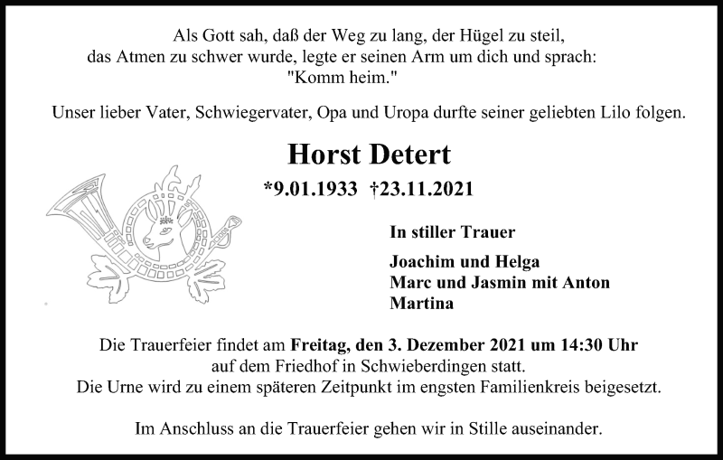  Traueranzeige für Horst Detert vom 27.11.2021 aus Stuttgarter Zeitung / Stuttgarter Nachrichten