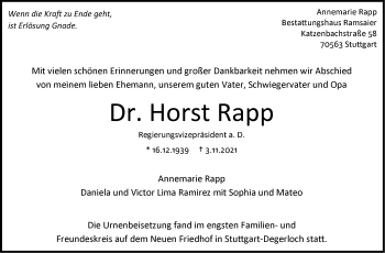 Traueranzeige von Horst Rapp von Stuttgarter Zeitung / Stuttgarter Nachrichten