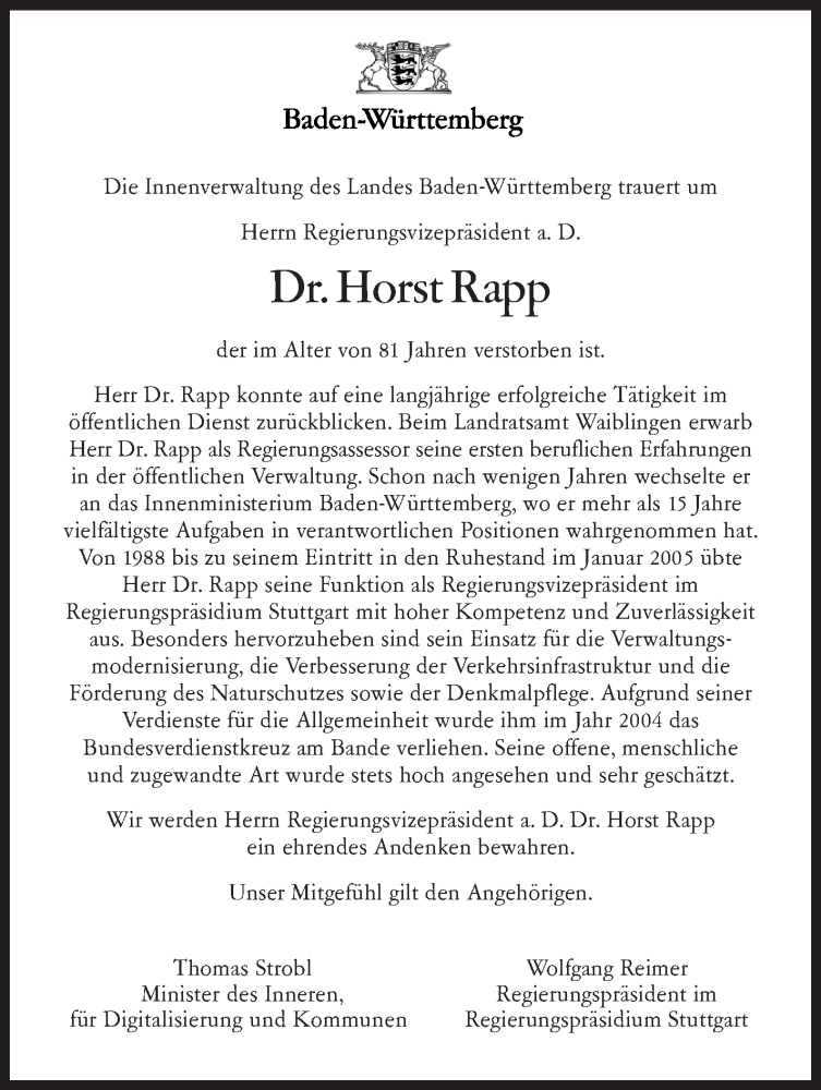  Traueranzeige für Horst Rapp vom 27.11.2021 aus Stuttgarter Zeitung / Stuttgarter Nachrichten