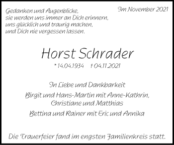 Traueranzeige von Horst Schrader von Stuttgarter Zeitung / Stuttgarter Nachrichten