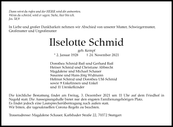 Traueranzeige von Ilselotte Schmid von Stuttgarter Zeitung / Stuttgarter Nachrichten