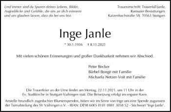 Traueranzeige von Inge Janle von Stuttgarter Zeitung / Stuttgarter Nachrichten
