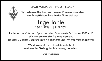 Traueranzeige von Inge Janle von Stuttgarter Zeitung / Stuttgarter Nachrichten