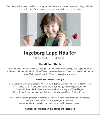 Traueranzeige von Ingeborg Lapp-Häußer von Stuttgarter Zeitung / Stuttgarter Nachrichten