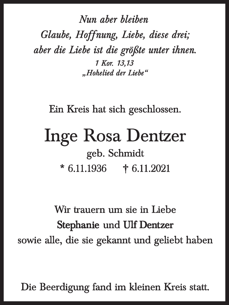  Traueranzeige für Inge Rosa Dentzer vom 17.11.2021 aus Stuttgarter Zeitung / Stuttgarter Nachrichten