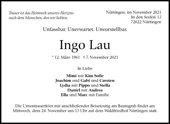 Traueranzeige von Ingo Lau von Stuttgarter Zeitung / Stuttgarter Nachrichten