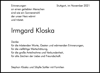 Traueranzeige von Irmgard Kloska von Stuttgarter Zeitung / Stuttgarter Nachrichten
