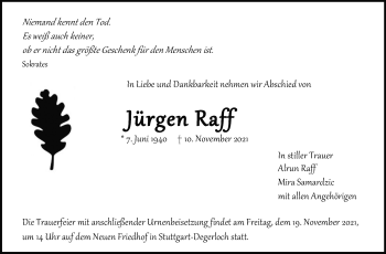 Traueranzeige von Jürgen Raff von Stuttgarter Zeitung / Stuttgarter Nachrichten