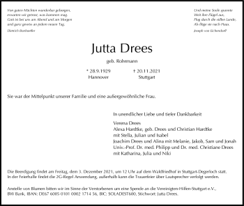 Traueranzeige von Jutta Drees von Stuttgarter Zeitung / Stuttgarter Nachrichten