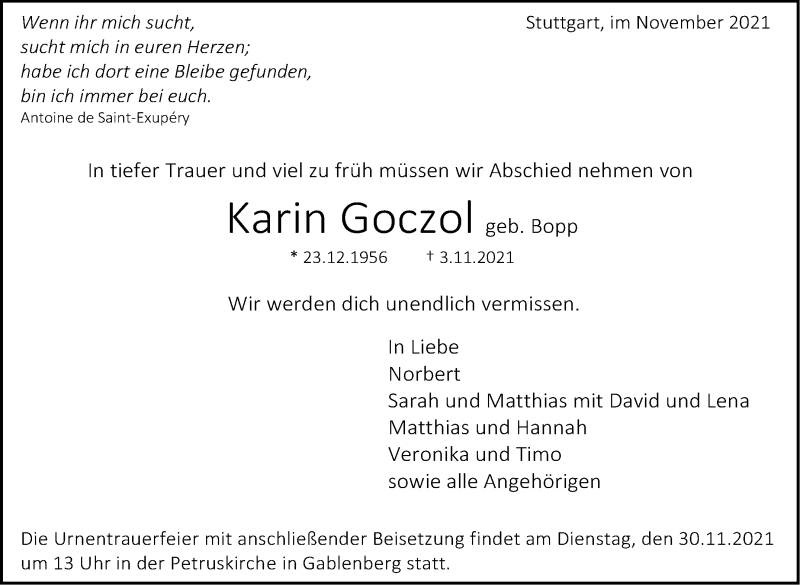 Traueranzeige für Karin Goczol vom 20.11.2021 aus Stuttgarter Zeitung / Stuttgarter Nachrichten