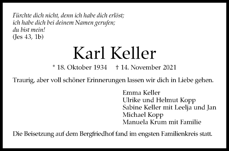  Traueranzeige für Karl Keller vom 20.11.2021 aus Stuttgarter Zeitung / Stuttgarter Nachrichten